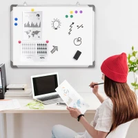 HOMCOM Tableau blanc aimante magnetique panneau blanc polyvalent avec 4 feutres 1 brosse tableau et 10 aimants cadre en aluminium solide 60 x 45 cm(m-2)