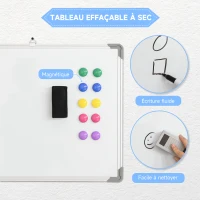 HOMCOM Tableau blanc aimante magnetique panneau blanc polyvalent avec 4 feutres 1 brosse tableau et 10 aimants cadre en aluminium solide 60 x 45 cm(m-4)
