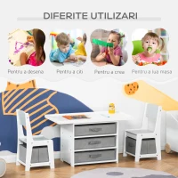 HOMCOM Set Masa si 2 Scaune pentru Copii 2-5 Ani cu Sertare, Blat cu Pista Masini si Blat pentru Constructii - Alb/Gri(m-6)