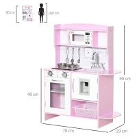 HOMCOM Kids Kitchen Playset, with Lights, Sounds, Microwave, Sink and Storage - Pink(m-3)