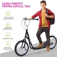 HOMCOM trotineta cu frana, 143x58x92-100cm, neagra(m-6)