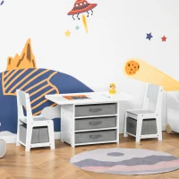 HOMCOM Set Masa si 2 Scaune pentru Copii 2-5 Ani cu Sertare, Blat cu Pista Masini si Blat pentru Constructii - Alb/Gri(m-4)