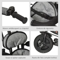 HOMCOM Triciclu Carucior pentru Copii Acoperis Cos Reglabil Pliabil Gri(m-8)