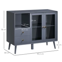 HOMCOM Sideboard Buffet, Storage Cabinet with Drawers, Open Shelf and Double Glass Doors, Grey(m-3)
