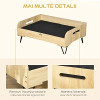 Culcus pentru Caini Inaltata PawHut cu Perna Detasabila si Lavabila, Patut pentru Caini cu 2 Manere din Otel si Lemn, 82x56x31,5 cm, Negru(m-7)