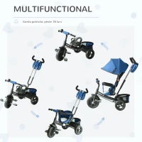 HOMCOM Tricicleta Carucior cu Maner si Acoperis Schelet in Metal, Negru si Albastru(m-4)