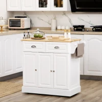 HOMCOM Kitchen Island with Storage Rolling Kitchen Serving Cart with Rubber Wood Top Towel Rack Storage Drawer Cabinet White(m-2)