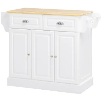 HOMCOM Kitchen Island with Storage Rolling Kitchen Serving Cart with Rubber Wood Top Towel Rack Storage Drawer Cabinet White(m-11)