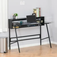 HOMCOM biurko komputerowe biurko z dwiema półkami nowoczesne biurko gamingowe z blatem ze szkła hartowanego domowe biuro regulowane nóżki stal płyta wiórowa czarny + szary 115 x 55 x 90 cm(m-9)