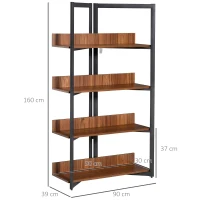 HOMCOM Bücherregal, 4-lagiges Design Wohnzimmerregal, Standregal, Spielzeugregal mit Anti-Kippvorrichtung, Melaminoberfläche, E1-Spanplatte+Stahl, Schwarz+Walnussfarbe, 90 x 39 x 160 cm(m-3)