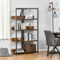 HOMCOM Bücherregal, 4-lagiges Design Wohnzimmerregal, Standregal, Spielzeugregal mit Anti-Kippvorrichtung, Melaminoberfläche, E1-Spanplatte+Stahl, Schwarz+Walnussfarbe, 90 x 39 x 160 cm(m-10)
