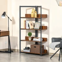 HOMCOM Bücherregal, 4-lagiges Design Wohnzimmerregal, Standregal, Spielzeugregal mit Anti-Kippvorrichtung, Melaminoberfläche, E1-Spanplatte+Stahl, Schwarz+Walnussfarbe, 90 x 39 x 160 cm(m-2)