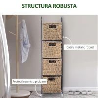 HOMCOM Mobilier cu 4 Coșuri pentru Casă din Alge marine și Fier, 20x20x78cm Negru și culoare naturală(m-6)