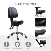HOMCOM Saddle Stool, PU Leather Adjustable Rolling Salon Chair for Massage, Spa, Clinic, Beauty and Tattoo, Black(m-5)