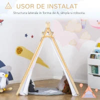 HOMCOM Cort Indian pentru Copii 3-6 Ani cu Usa si Fereastra din Lemn si Poliester, 130x111x136cm, Gri si Alb(m-7)