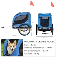 PawHut Remorcă de Bicicletă pentru Câini cu Punct de Atașare, Ferestre Laterale și Steguleț, 130x73x90 cm, Albastru(m-3)