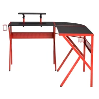 HOMCOM computertafel met in hoogte verstelbare monitorschap bureau met bekerhouder haak voor koptelefoon L-vormige bureautafel met K-vormige poten spaanplaat metaal zwart + rood 125 x 125 x 75 cm(m-7)
