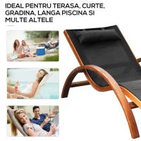 Outsunny Sezlong Soare Sezlong cu Tetiera din Lemn si Tesatura din plasa, 161x72x68cm - Negru / Lemn(m-6)