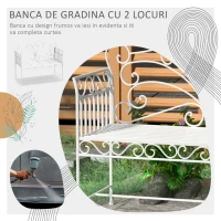 Outsunny Bancă de Exterior cu 2 Locuri, Bancă de Grădină în Stil Romantic din Fier, 113,5x50x96 cm, Alb(m-4)