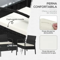 Outsunny Set Mobila in PE Rattan de Extern cu Masa, 2 Fotolii si Canapea cu Perne, Negru(m-5)
