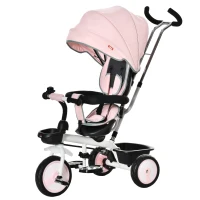 HOMCOM Triciclo Bebé 6 en 1 con Asiento Reversible Triciclo Evolutivo para Niños de +12 Meses con Capota Plegable Mango de Empuje Telescópico y Barra Extraíble 100x48x106 cm Rosa(m-1)
