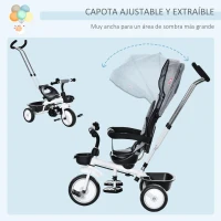 HOMCOM Triciclo Bebé 6 en 1 con Asiento Reversible Triciclo Evolutivo para Niños de +12 Meses con Capota Plegable Mango de Empuje Telescópico y Barra Extraíble 100x48x106 cm Gris(m-6)