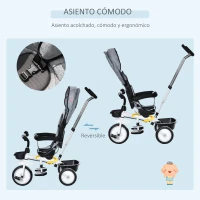 HOMCOM Triciclo Bebé 6 en 1 con Asiento Reversible Triciclo Evolutivo para Niños de +12 Meses con Capota Plegable Mango de Empuje Telescópico y Barra Extraíble 100x48x106 cm Gris(m-5)