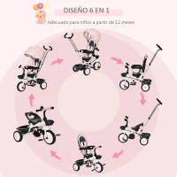 HOMCOM Triciclo Bebé 6 en 1 con Asiento Reversible Triciclo Evolutivo para Niños de +12 Meses con Capota Plegable Mango de Empuje Telescópico y Barra Extraíble 100x48x106 cm Rosa(m-4)