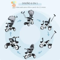 HOMCOM Triciclo Bebé 6 en 1 con Asiento Reversible Triciclo Evolutivo para Niños de +12 Meses con Capota Plegable Mango de Empuje Telescópico y Barra Extraíble 100x48x106 cm Gris(m-4)