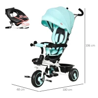 HOMCOM Triciclo Bebé 6 en 1 con Asiento Reversible Triciclo Evolutivo para Niños de +12 Meses con Capota Plegable Mango de Empuje Telescópico y Barra Extraíble 100x48x106 cm Turquesa(m-3)