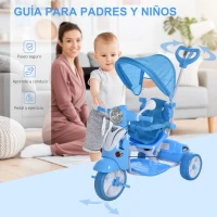 HOMCOM Triciclo para Niños de +18 Meses Triciclo Evolutivo Infantil con Capota Extraíble Asiento Giratorio Barra de Seguridad y Función de Luz Música 102x48x96 cm Azul(m-4)
