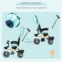 HOMCOM Triciclo Bebé 6 en 1 con Asiento Reversible Triciclo Evolutivo para Niños de +12 Meses con Capota Plegable Mango de Empuje Telescópico y Barra Extraíble 100x48x106 cm Turquesa(m-5)