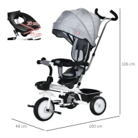 HOMCOM Triciclo Bebé 6 en 1 con Asiento Reversible Triciclo Evolutivo para Niños de +12 Meses con Capota Plegable Mango de Empuje Telescópico y Barra Extraíble 100x48x106 cm Gris(m-3)