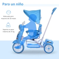 HOMCOM Triciclo para Niños de +18 Meses Triciclo Evolutivo Infantil con Capota Extraíble Asiento Giratorio Barra de Seguridad y Función de Luz Música 102x48x96 cm Azul(m-6)