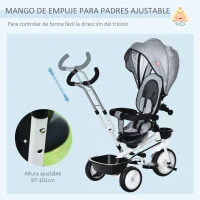 HOMCOM Triciclo Bebé 6 en 1 con Asiento Reversible Triciclo Evolutivo para Niños de +12 Meses con Capota Plegable Mango de Empuje Telescópico y Barra Extraíble 100x48x106 cm Gris(m-7)