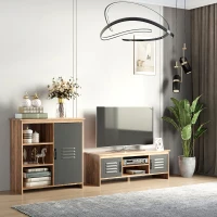 HOMCOM Armário de TV para televisores de 42"com 2 compartimentos fechados com portas de metal e 2 estantes 109x35x38 cm Madeira natural e cinza(m-10)