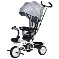 HOMCOM Triciclo Bebé 6 en 1 con Asiento Reversible Triciclo Evolutivo para Niños de +12 Meses con Capota Plegable Mango de Empuje Telescópico y Barra Extraíble 100x48x106 cm Gris(m-1)