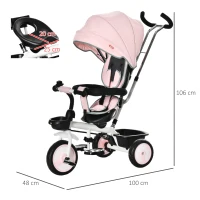 HOMCOM Triciclo Bebé 6 en 1 con Asiento Reversible Triciclo Evolutivo para Niños de +12 Meses con Capota Plegable Mango de Empuje Telescópico y Barra Extraíble 100x48x106 cm Rosa(m-3)