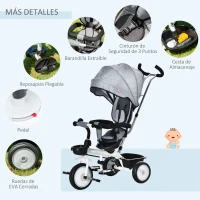 HOMCOM Triciclo Bebé 6 en 1 con Asiento Reversible Triciclo Evolutivo para Niños de +12 Meses con Capota Plegable Mango de Empuje Telescópico y Barra Extraíble 100x48x106 cm Gris(m-8)
