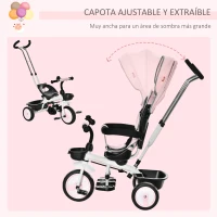 HOMCOM Triciclo Bebé 6 en 1 con Asiento Reversible Triciclo Evolutivo para Niños de +12 Meses con Capota Plegable Mango de Empuje Telescópico y Barra Extraíble 100x48x106 cm Rosa(m-6)