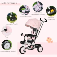 HOMCOM Triciclo Bebé 6 en 1 con Asiento Reversible Triciclo Evolutivo para Niños de +12 Meses con Capota Plegable Mango de Empuje Telescópico y Barra Extraíble 100x48x106 cm Rosa(m-8)