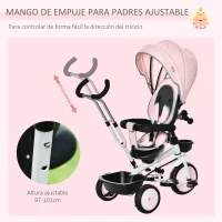 HOMCOM Triciclo Bebé 6 en 1 con Asiento Reversible Triciclo Evolutivo para Niños de +12 Meses con Capota Plegable Mango de Empuje Telescópico y Barra Extraíble 100x48x106 cm Rosa(m-7)