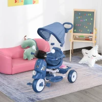 HOMCOM Triciclo Evolutivo Infantil 3 en 1 para Niños +12 Meses con Función de Luz y Música Barra de Seguridad y Toldo Retráctil Asiento Giratorio 360° 93x51x94 cm Azul(m-9)