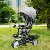 HOMCOM Triciclo Bebé 6 en 1 con Asiento Reversible Triciclo Evolutivo para Niños de +12 Meses con Capota Plegable Mango de Empuje Telescópico y Barra Extraíble 100x48x106 cm Gris(m-2)