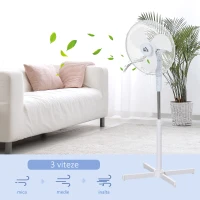 HOMCOM Ventilator de Podea cu 3 Viteze, Înălțime Reglabilă și Unghi de Înclinare de 80°, 60x60x90-120 cm, Alb(m-4)