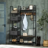 HOMCOM Industrial-Style Hall Tree, 8 Shelves, 5 Coat Hooks, 1 Shoe Bench, 2 Drawers, Gray + Brown(m-2)