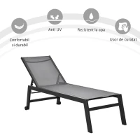 Outsunny Sezlong din Aluminiu si Textilen cu Spatar Reglabil si Roti Negru si Gri(m-4)