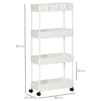 HOMCOM Kitchen Trolley with 4 Shelves, 4 Flexible Hooks, 4 Wheels, 40 cm x 19 cm x 90 cm, Niche Trolley, White(m-3)