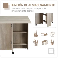 HOMCOM Mesa Plegable con 2 Alas Abatibles de Madera 2 Estantes y Ruedas para Cocina Comedor 80x140x74 cm Madera Natural(m-5)