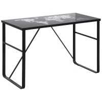 HOMCOM Computer Desk with World Map Printing Tempered Glass Top, Writing Desk for Home Office with Metal Frame, Black